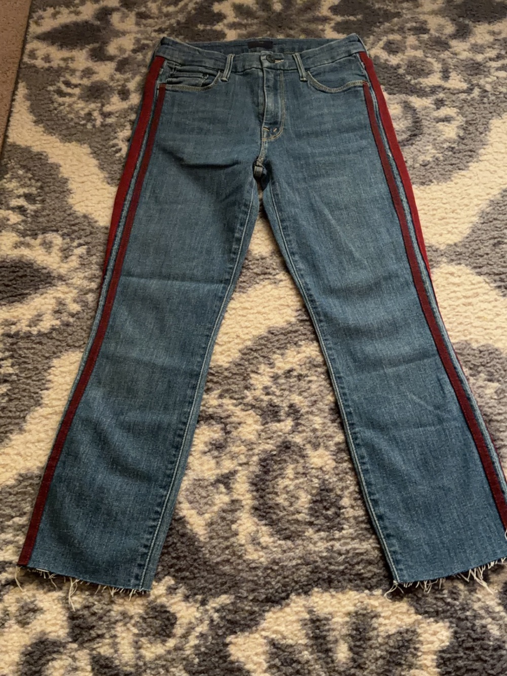 MOTHER Blue Denim Ankle Jeans with Red Side Stripe